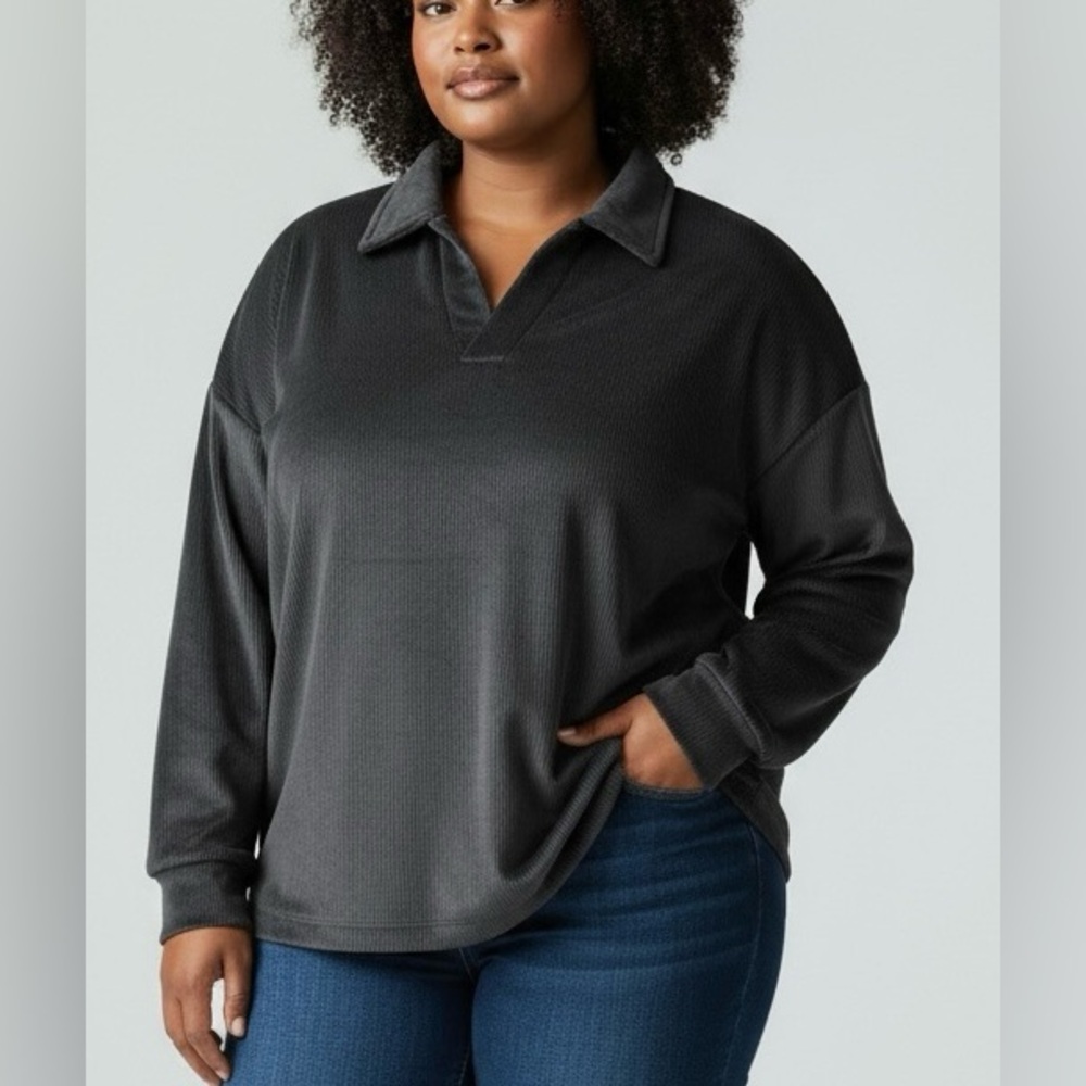 Mondetta women’s long sleeve v neck collard soft ribbed‎ top blouse black XXL